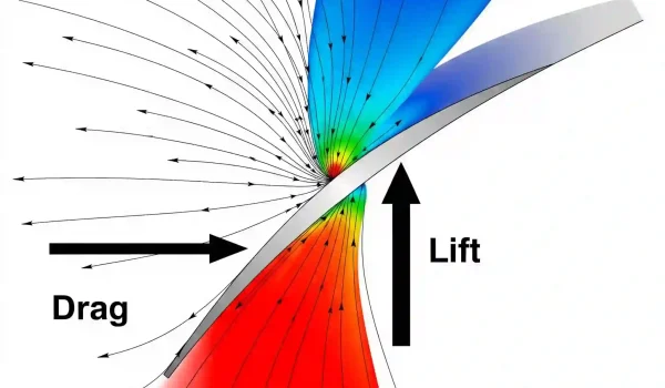 نمودار CFD نمایش نیروی بالابر و پسا روی یک مقطع بال.