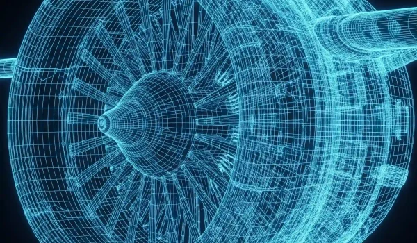 تصویر یک مش CFD پیچیده روی هندسه موتور جت.