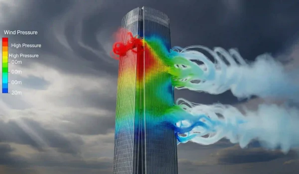 تحلیل CFD نیروی باد و کانتور فشار روی یک ساختمان بلند.