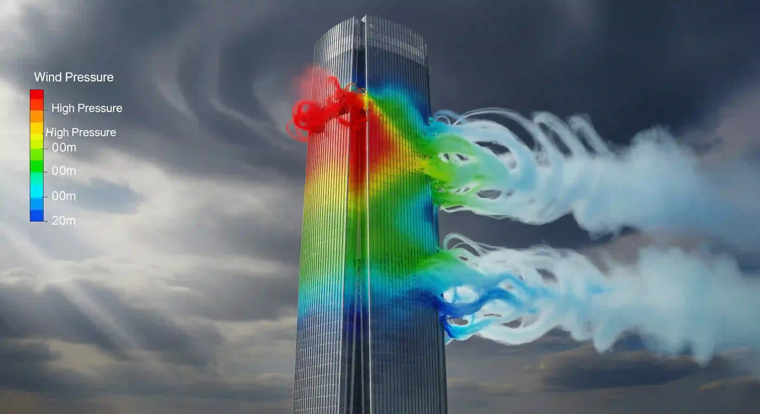تحلیل CFD نیروی باد و کانتور فشار روی یک ساختمان بلند.