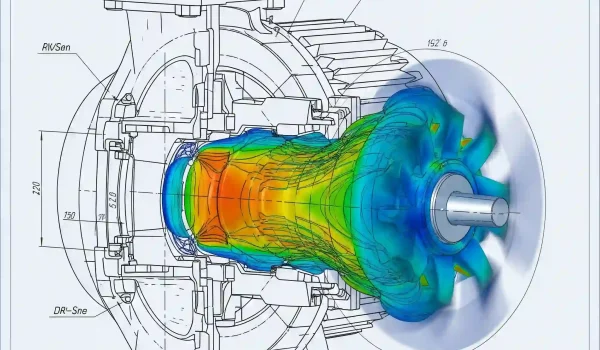 نمای برشخورده جریان سیال داخل یک پمپ صنعتی در انجام پروژه دانشجویی CFD.