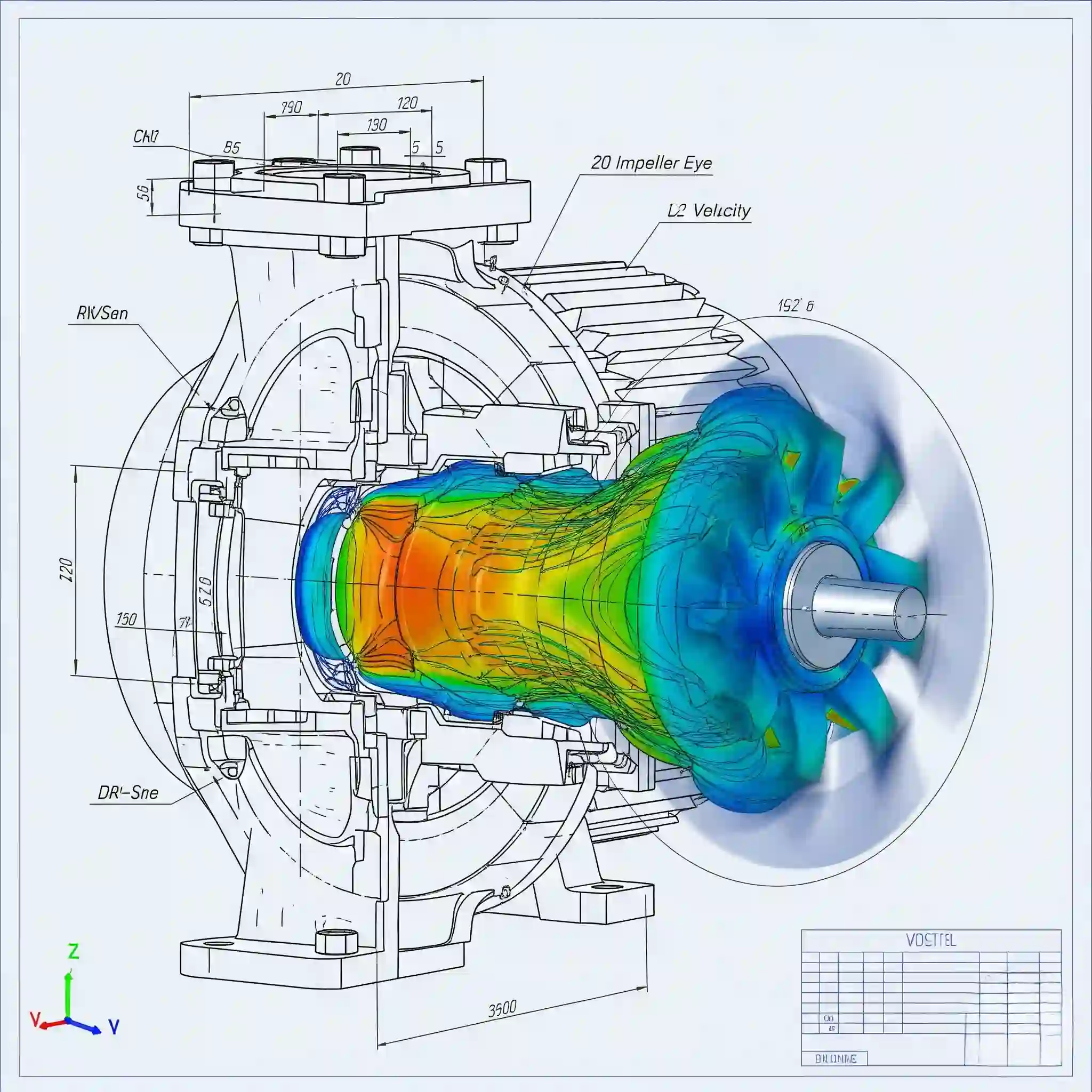 نمای برشخورده جریان سیال داخل یک پمپ صنعتی در انجام پروژه دانشجویی CFD.